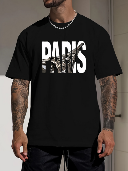 Men's Graphic T-Shirt Paris Monochrome Urban Landmark Letters Featuring Eiffel Tower