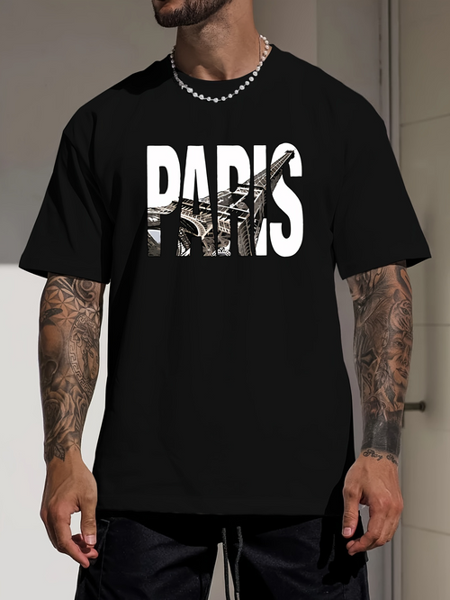 Men's Graphic T-Shirt Paris Monochrome Urban Landmark Letters Featuring Eiffel Tower