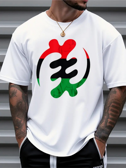 Men's Graphic T-Shirt Abstract Red And Green Graphic With Stylized Symbols White Tshirt