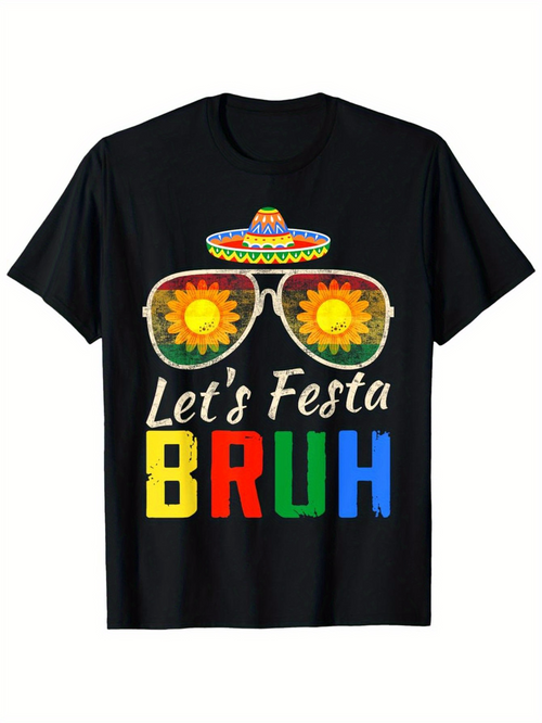 Men's Graphic T-Shirt Lets Festa Bruh Sunglasses With Sombrero And Colorful Sun Graphics Shirt