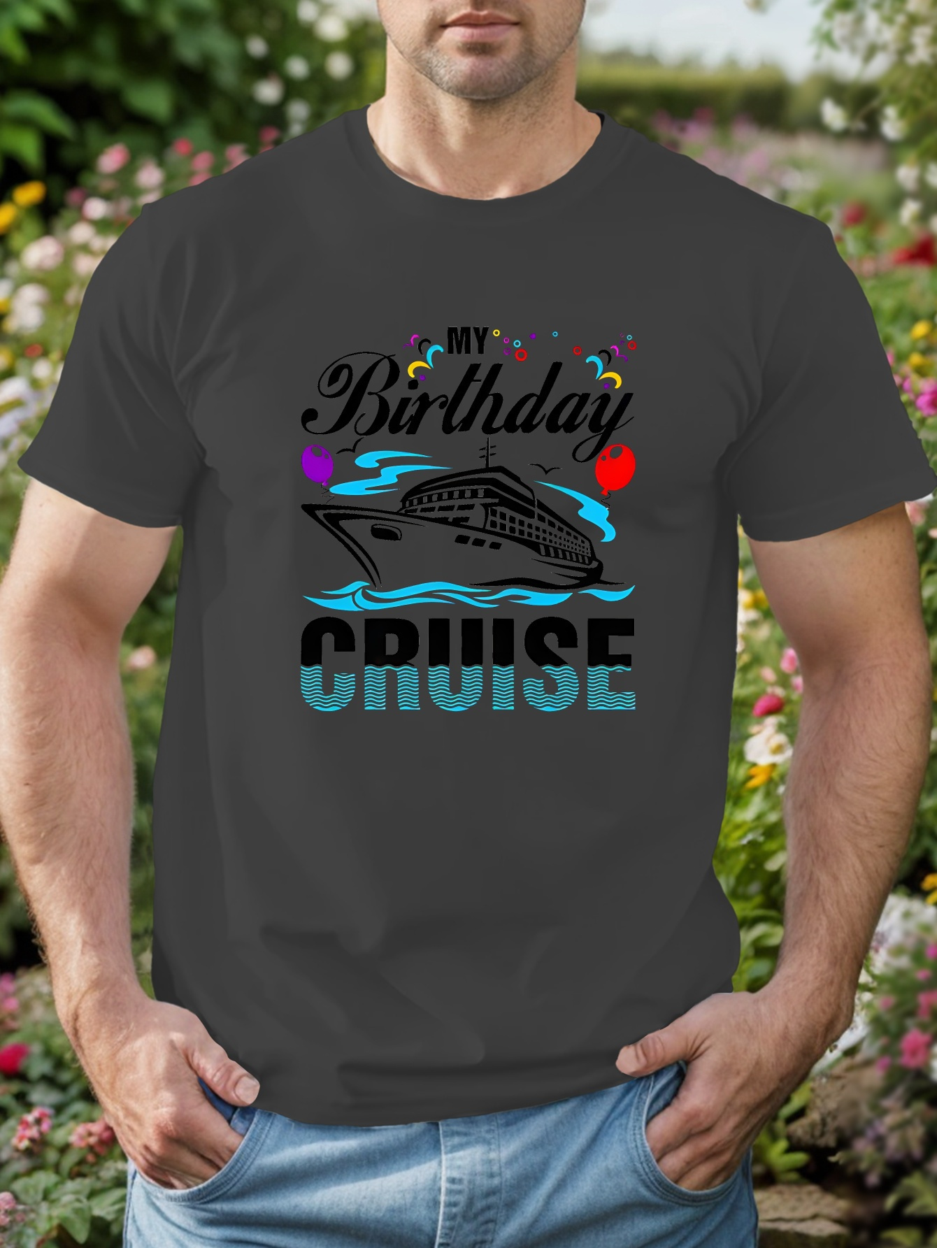 Men's Graphic T-Shirt My Birthday Cruise With Colorful Balloons Sailing Ship
