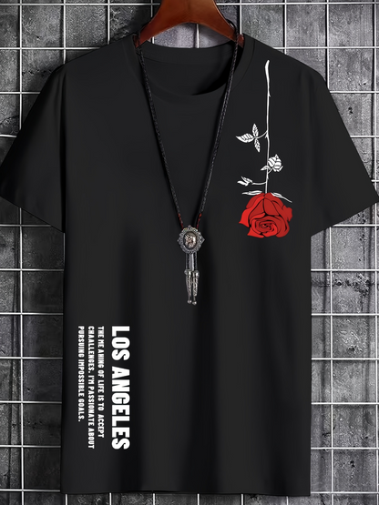 Men's Graphic T-Shirt Los Angeles With Vertical White Letters And Hanging Red Rose Flower