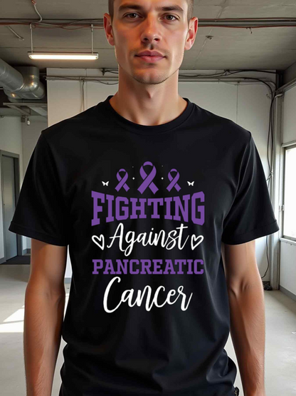 Men's Graphic T-Shirt Fighting Against Pancreatic Cancer Purple Ribbons With Heart Illustrations And Motivational Slogan T Shirt