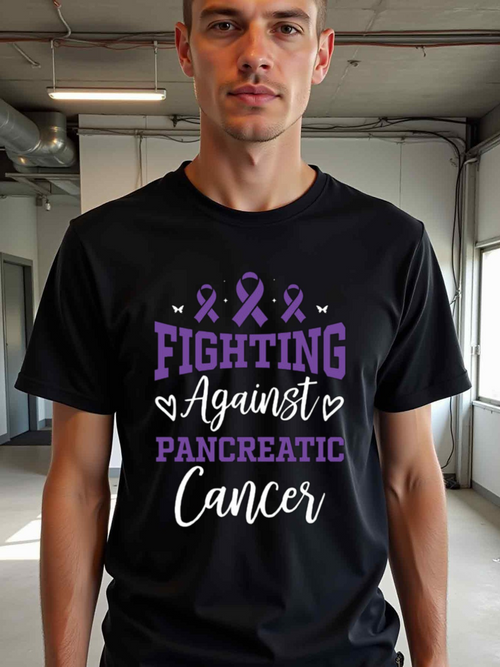 Men's Graphic T-Shirt Fighting Against Pancreatic Cancer Purple Ribbons With Heart Illustrations And Motivational Slogan T Shirt