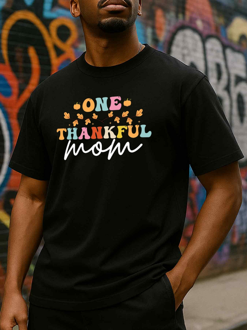Men's Graphic T-Shirt One Thankful Mom Colorful Leaves With Playful Letter Pattern