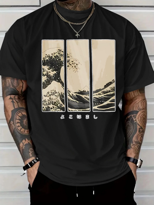 Men's Graphic T-Shirt Muted Woodblock Print With Framed Ocean Wave Graphic