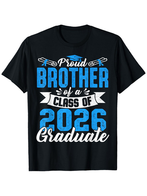 Men's Graphic T-Shirt Proud Of A Graduate Blue And White Lettered Black Shirt Brother