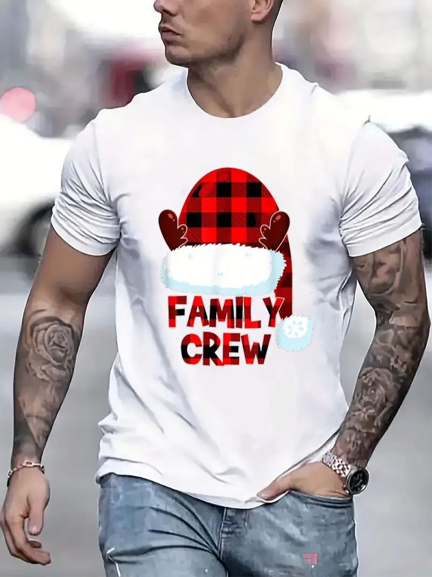 Men's Graphic T-Shirt Family Crew Red Plaid Hat With Holiday Theme And Playful Designs Santa