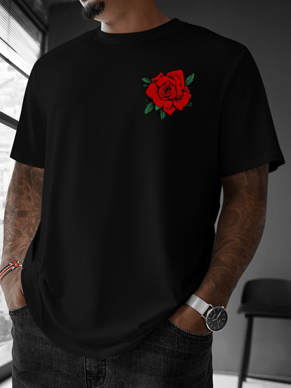 Men's Graphic T-Shirt Vibrant Red Rose With Deep Green Leaves On Black Shirt Rose