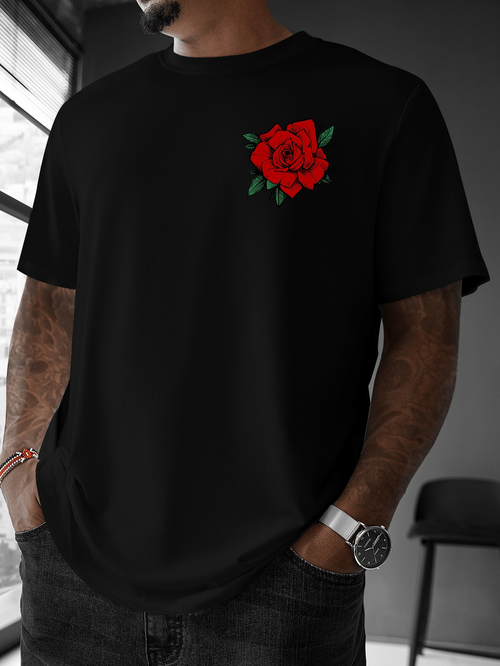 Men's Graphic T-Shirt Vibrant Red Rose With Deep Green Leaves On Black Shirt Rose