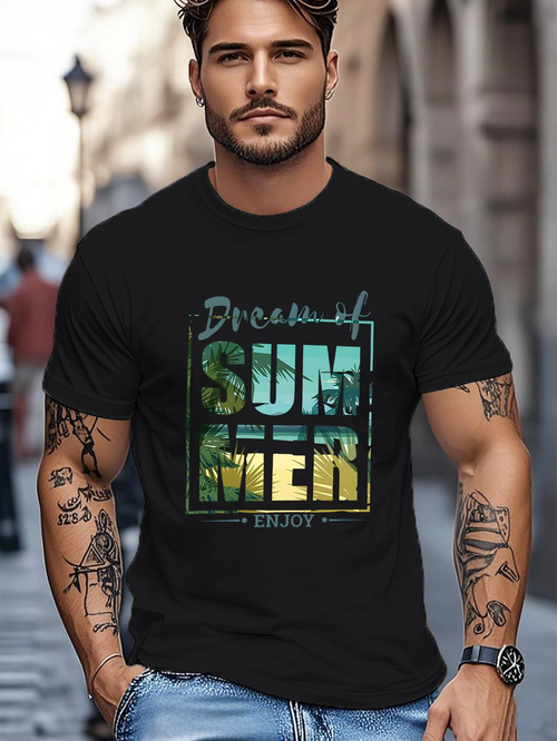 Men's Graphic T-Shirt Dream Of Summer With Green Palm Trees And Sunset Letters