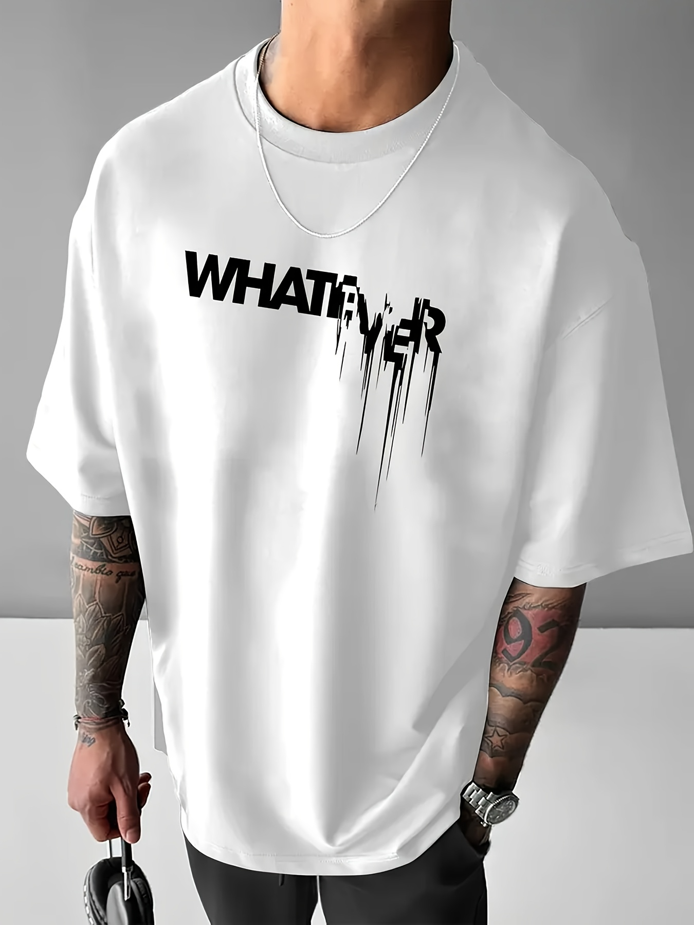 Men's Graphic T-Shirt Whatever Black Artistic Streaked Letters Dripping Down White Fabric Shirt