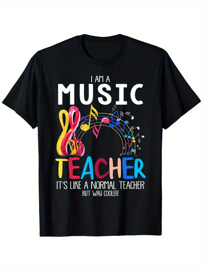 Men's Graphic T-Shirt I Am A Music Teacher With Colorful Notes And Swirling Treble Clef Design