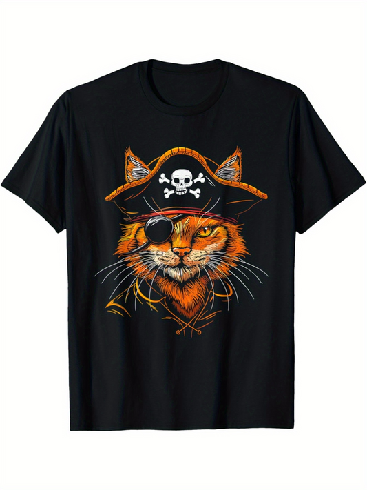 Men's Graphic T-Shirt Fierce Tiger Wearing Pirate Hat With Eyepatch And Crossbones Eyes