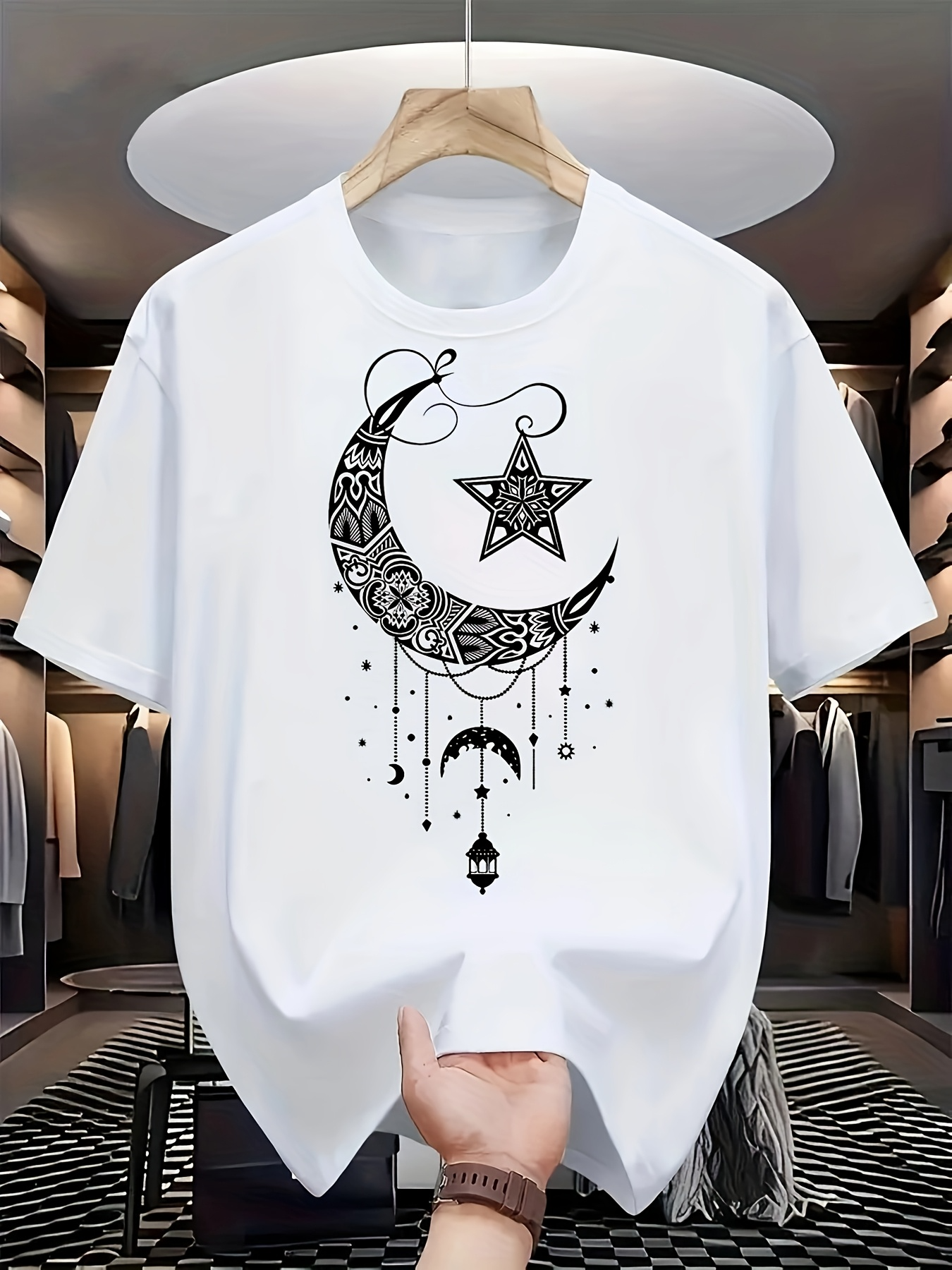 Men's Graphic T-Shirt Mystical Crescent Moon With Star And Hanging Ornaments Moon