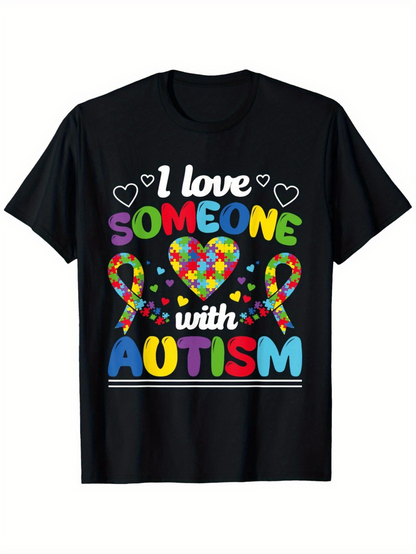 Men's Graphic T-Shirt I Love Someone With Colorful Hearts Ribbons With Autism Awareness