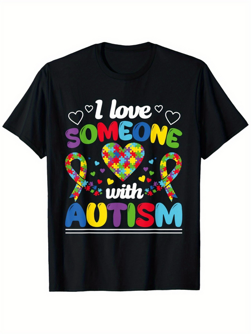 Men's Graphic T-Shirt I Love Someone With Colorful Hearts Ribbons With Autism Awareness