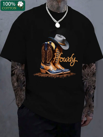 Men's Graphic T-Shirt Howdy Vintage Cowboy Boots With Rustic Hat And Text Cowboy Boot