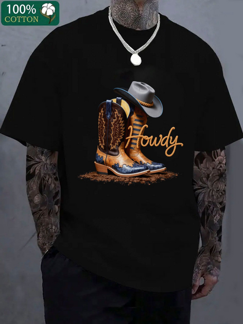 Men's Graphic T-Shirt Howdy Vintage Cowboy Boots With Rustic Hat And Text Cowboy Boot