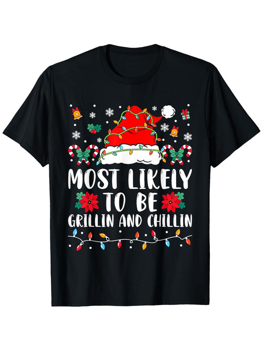 Men's Graphic T-Shirt Most Likely To Be Grillin And Chillin Festive Christmas Lights With Santa Hat