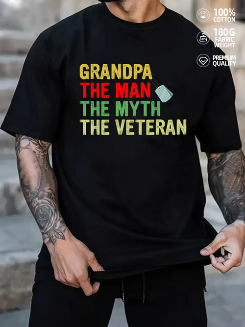 Men's Graphic T-Shirt Grandpa The Man The Myth The Veteran Bold Colored Lettering Statement Shirt