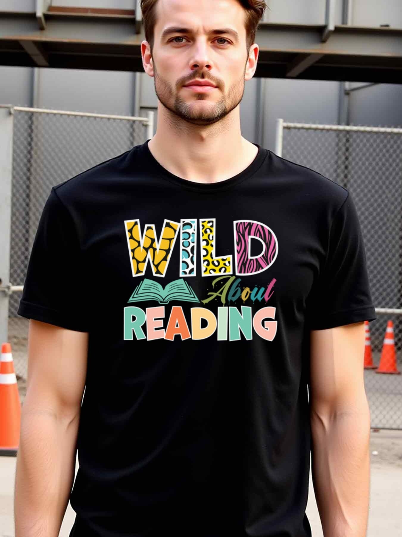 Men's Graphic T-Shirt Wild About Reading With Colorful Animal Patterns And Open Book Motif