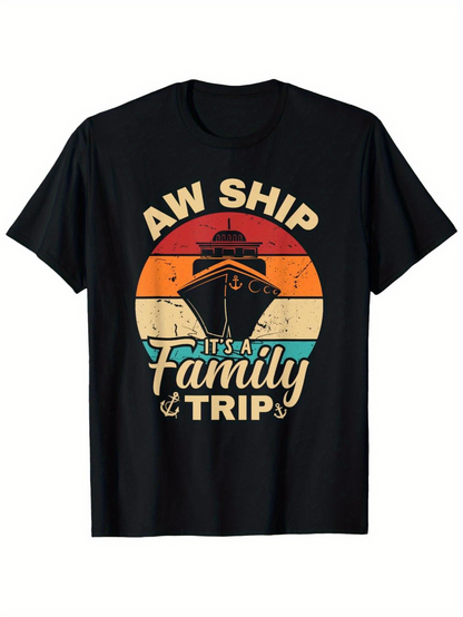 Men's Graphic T-Shirt Aw Ship Family Trip Retro Sunset With Cruise Ship And Nautical Theme