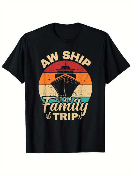 Men's Graphic T-Shirt Aw Ship Family Trip Retro Sunset With Cruise Ship And Nautical Theme