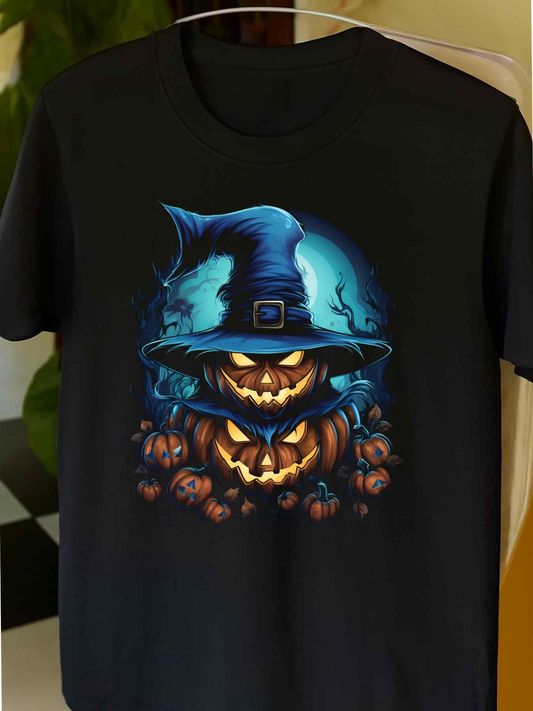 Men's Graphic T-Shirt Glowing Moonlit Pumpkins With Spooky Atmosphere Witch Hat