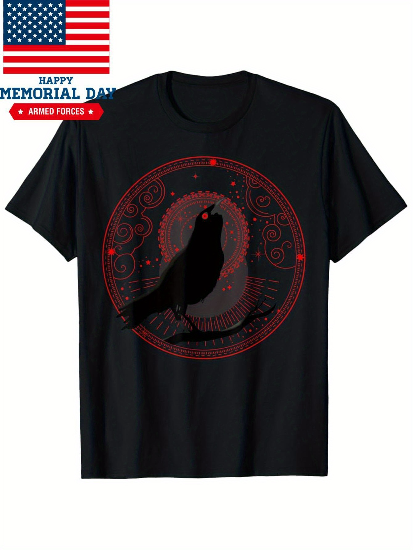 Men's Graphic T-Shirt Crescent Moon Surrounded By Swirling Stars With Majestic Raven