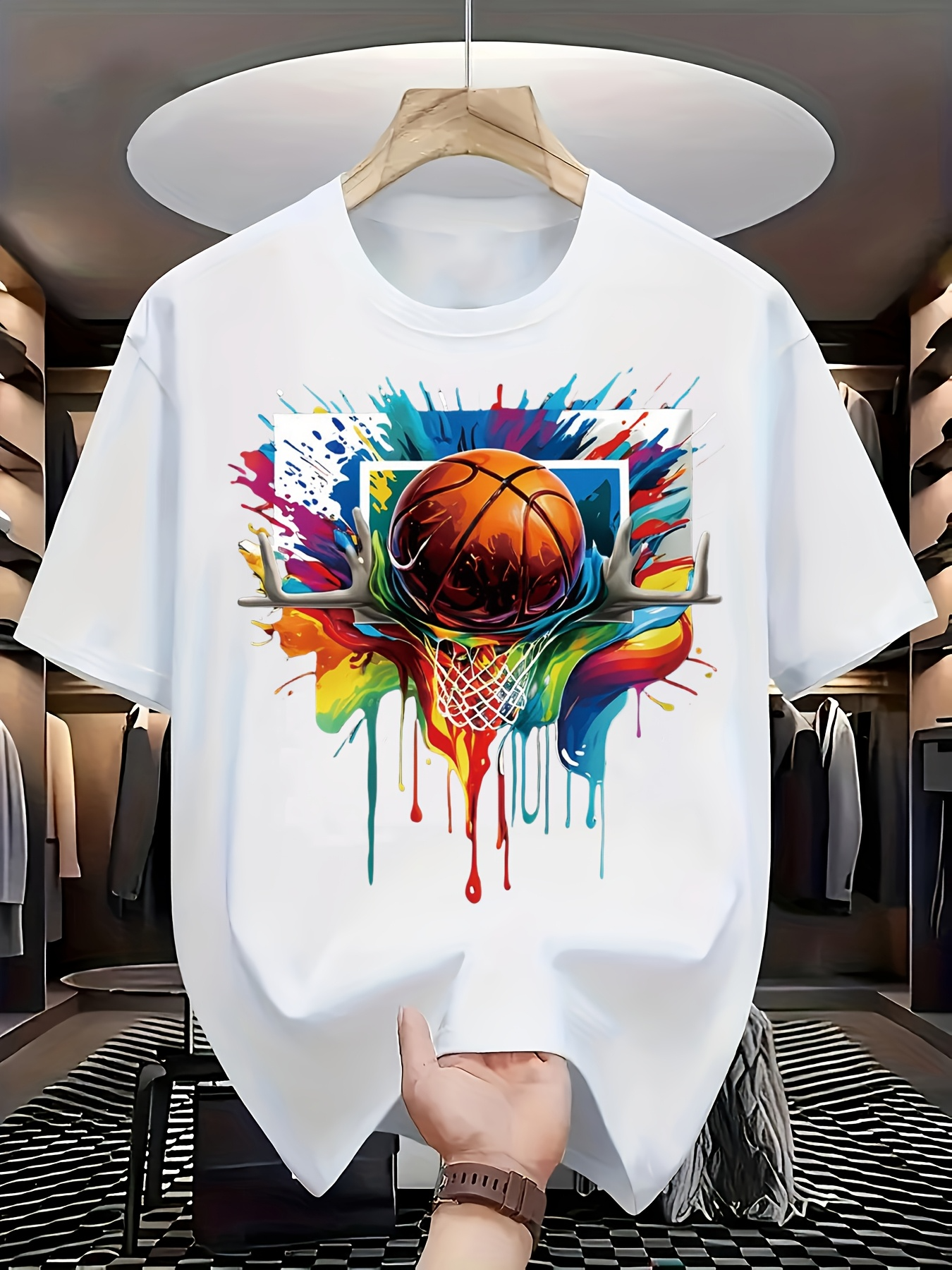 Men's Graphic T-Shirt Colorful Splash With Melting Paint Dripping Surrounding Basketball Hoop