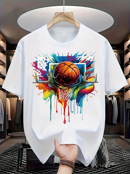 Men's Graphic T-Shirt Colorful Splash With Melting Paint Dripping Surrounding Basketball Hoop