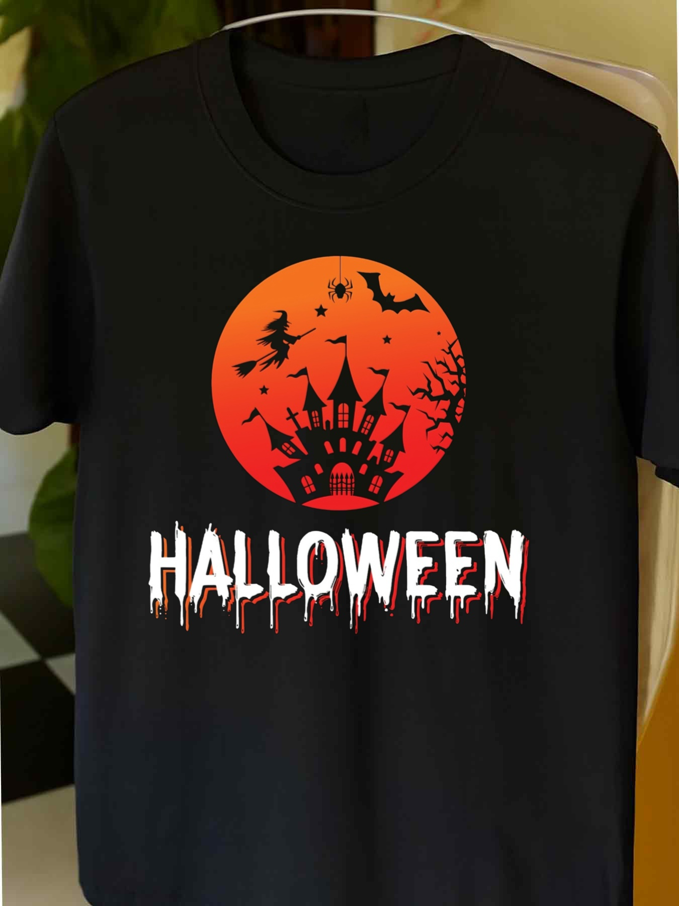Men's Graphic T-Shirt Halloween Haunted Castle Under Orange Moon With Flying Bats And Bare Trees