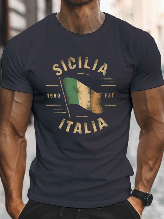 Men's Graphic T-Shirt Sicilia Italia Waving Vintage Flag With Retro Lettering Design