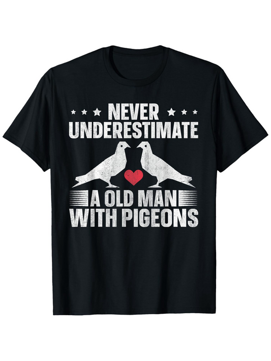 Men's Graphic T-Shirt Never Underestimate A Old Man With Pigeons And Red Heart Between Birds