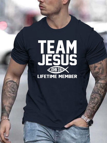 Men's Graphic T-Shirt Team Jesus Lifetime Member With Christian Fish Symbol Under Bold Letters