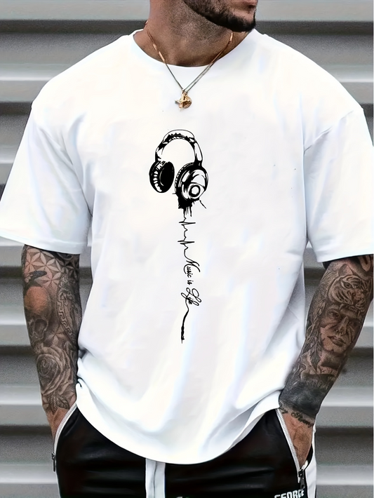 Men's Graphic T-Shirt Abstract Line Drawing With Headphones In Black On White Tee