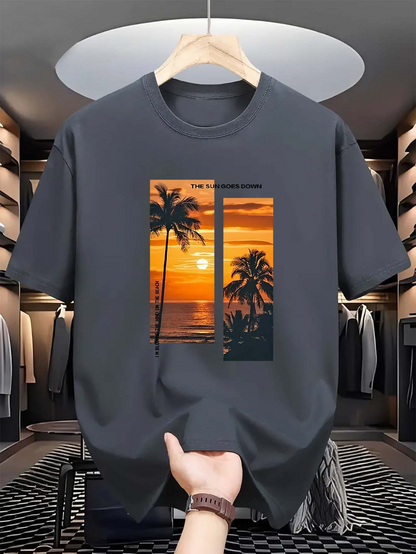 Men's Graphic T-Shirt Dream Summer Vacation Sunset Beach With Palm Trees Silhouette Evening Sky Ocean