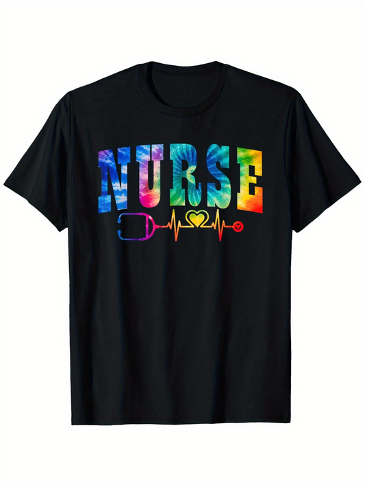 Men's Graphic T-Shirt Colorful Letters With Stethoscope Heart And Lifeline Nurse