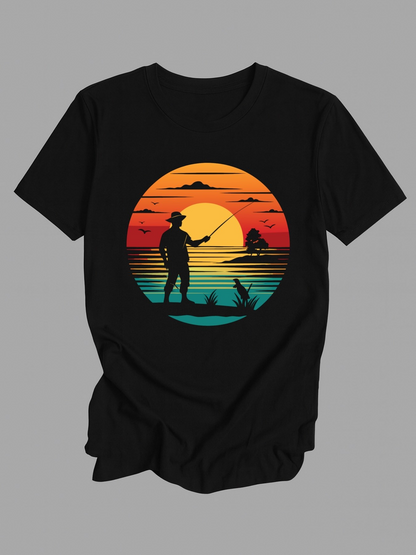 Men's Graphic T-Shirt Sunset Glow With Fisherman And Birds Standing By The Tranquil Water