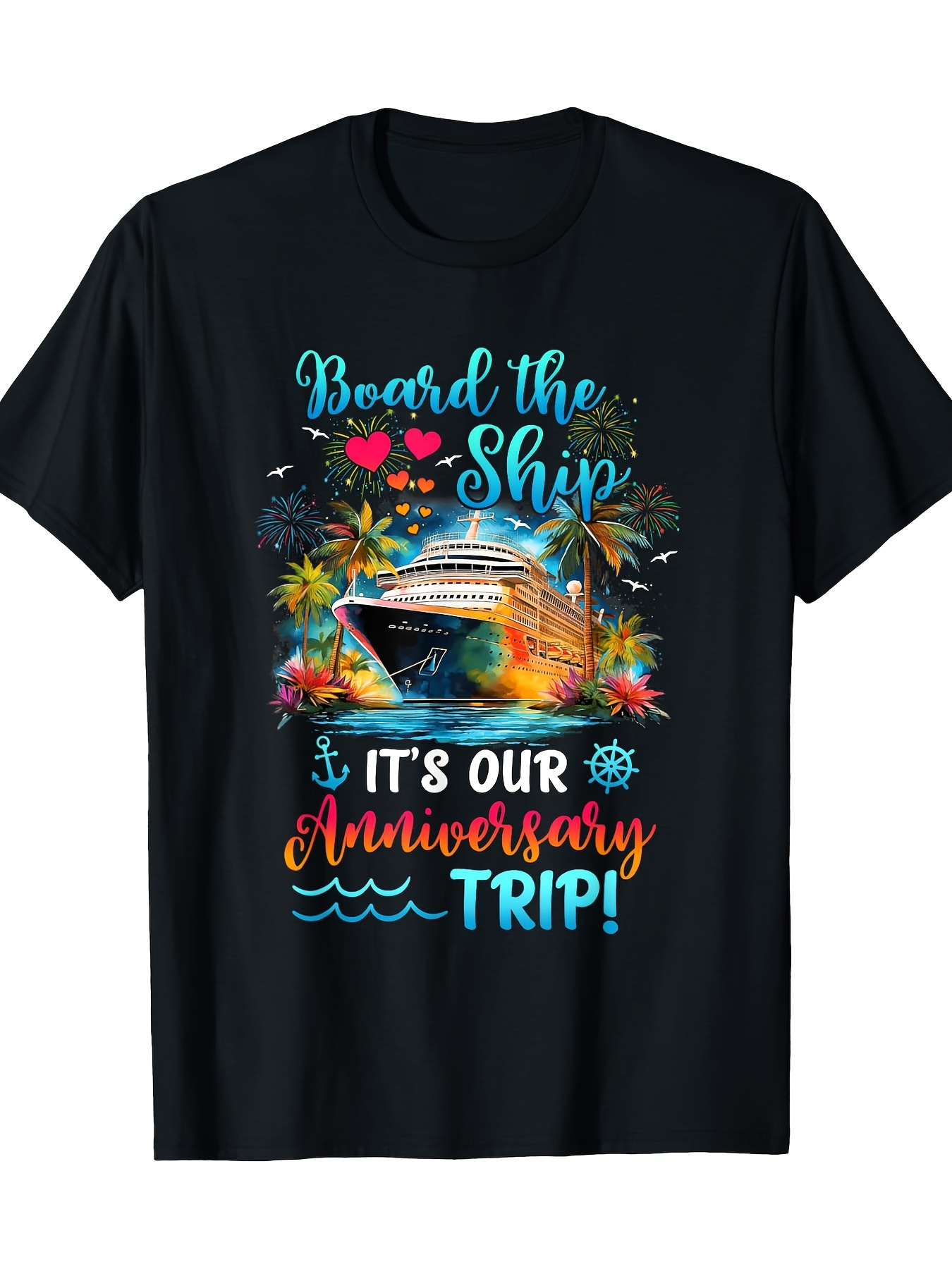 Men's Graphic T-Shirt Board The Ship Colorful Fireworks With Cruise Ship Under Night Sky