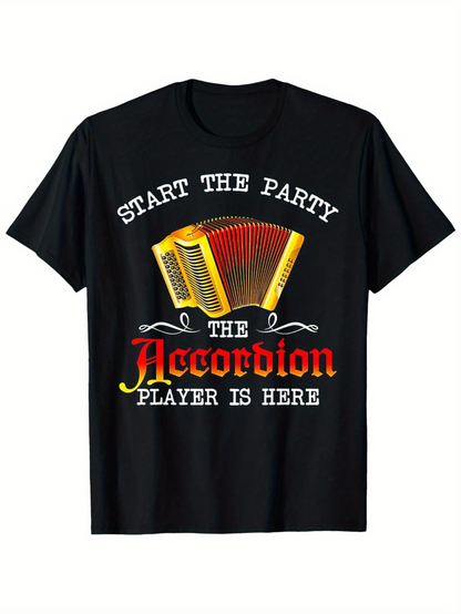 Men's Graphic T-Shirt Start The Party With Retro Music Notes And Yellow Accordion