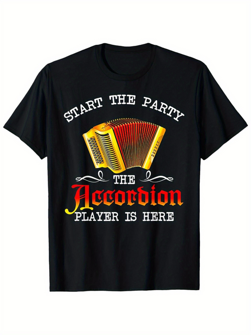 Men's Graphic T-Shirt Start The Party With Retro Music Notes And Yellow Accordion