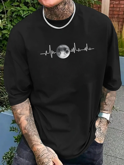Men's Graphic T-Shirt Beating Pulse Wave With Luminous Full Moon Centered On Chest