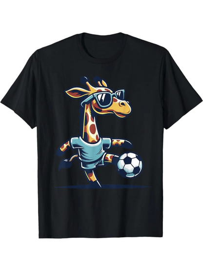 Men's Graphic T-Shirt Cool Cartoon Sunglasses Wearing Giraffe Playing Soccer Ball