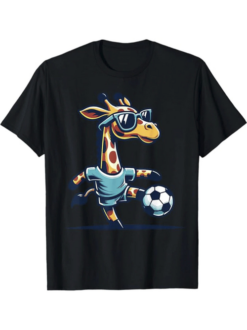Men's Graphic T-Shirt Cool Cartoon Sunglasses Wearing Giraffe Playing Soccer Ball