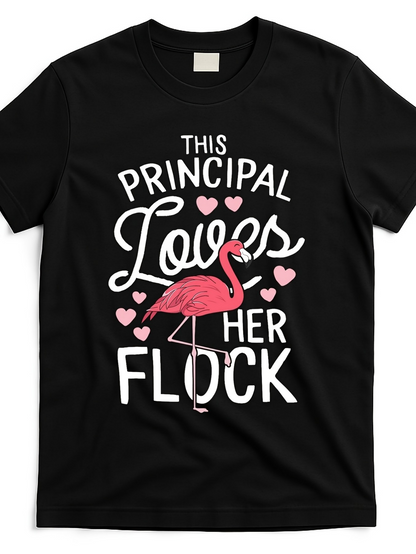 Men's Graphic T-Shirt This Principal Loves Her Flock Surrounded By Pink Hearts And A Flamingo