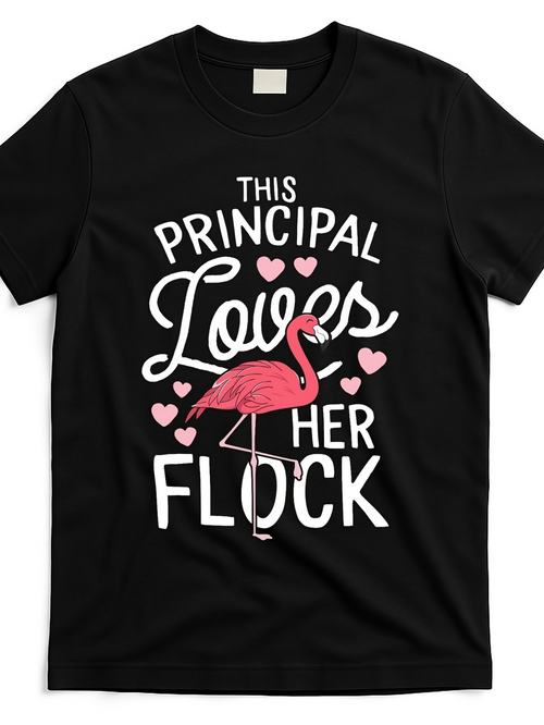 Men's Graphic T-Shirt This Principal Loves Her Flock Surrounded By Pink Hearts And A Flamingo