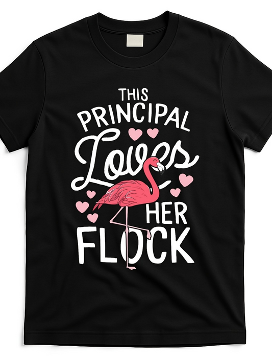 Men's Graphic T-Shirt This Principal Loves Her Flock Surrounded By Pink Hearts And A Flamingo