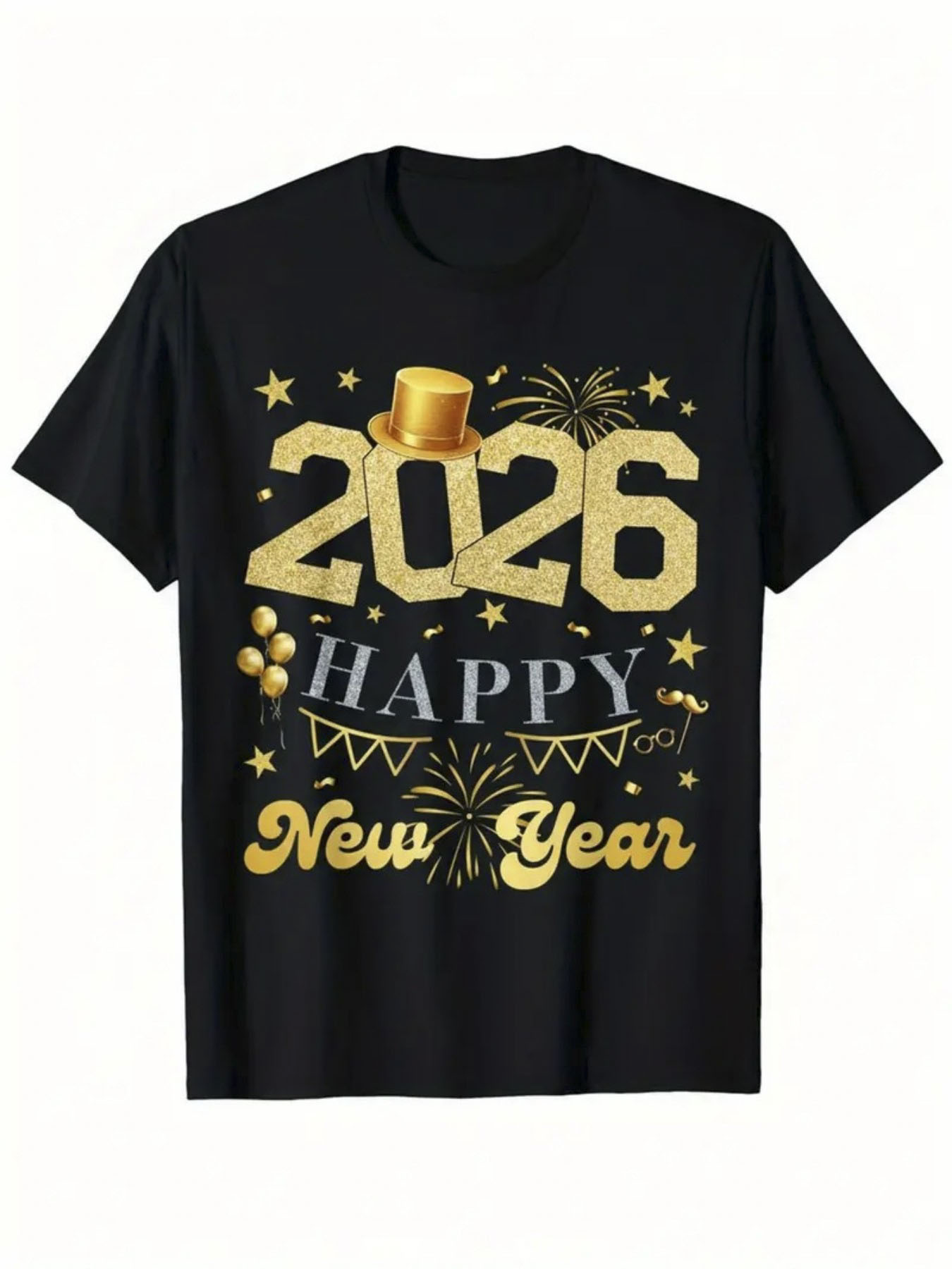 Men's Graphic T-Shirt Shining Golden Elements With Festive Fireworks And Decorative Hat New Year
